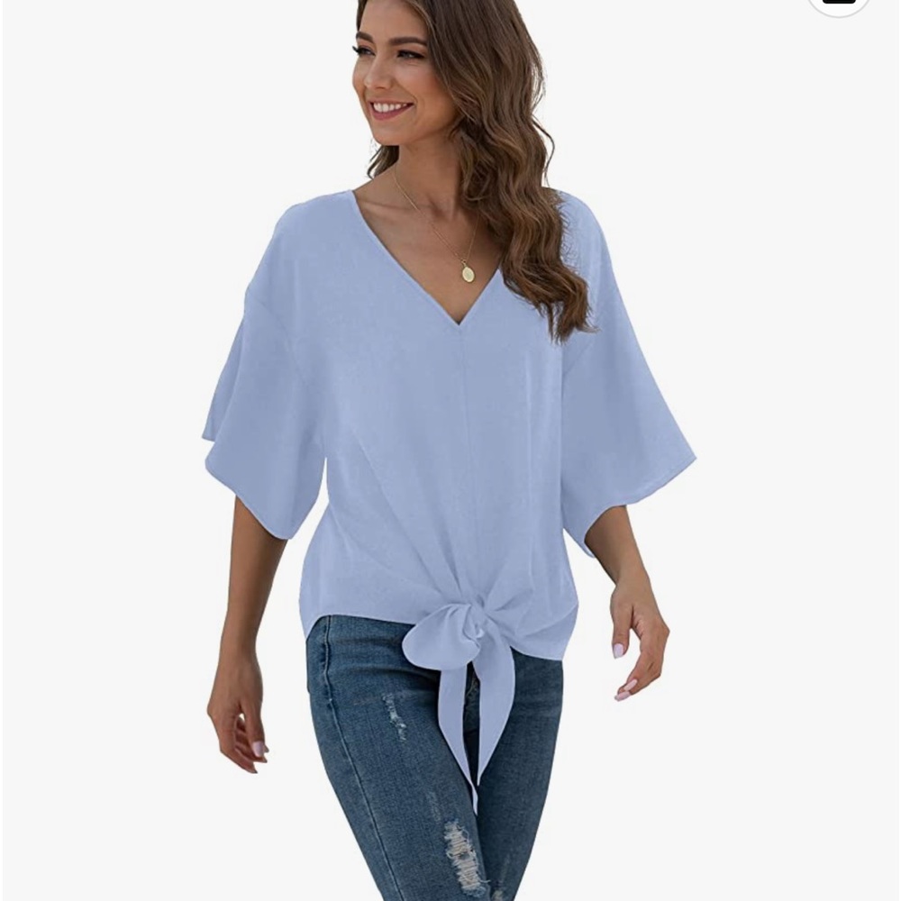 Amazon Women's Light Blue Tie-Front Blouse - Picture 4 of 8
